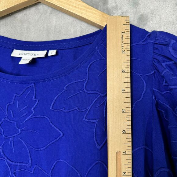 Chicos Top Womens Large Blue Knit Embroidered Floral Puff 3/4 Sleeve Stretch - Picture 9 of 10